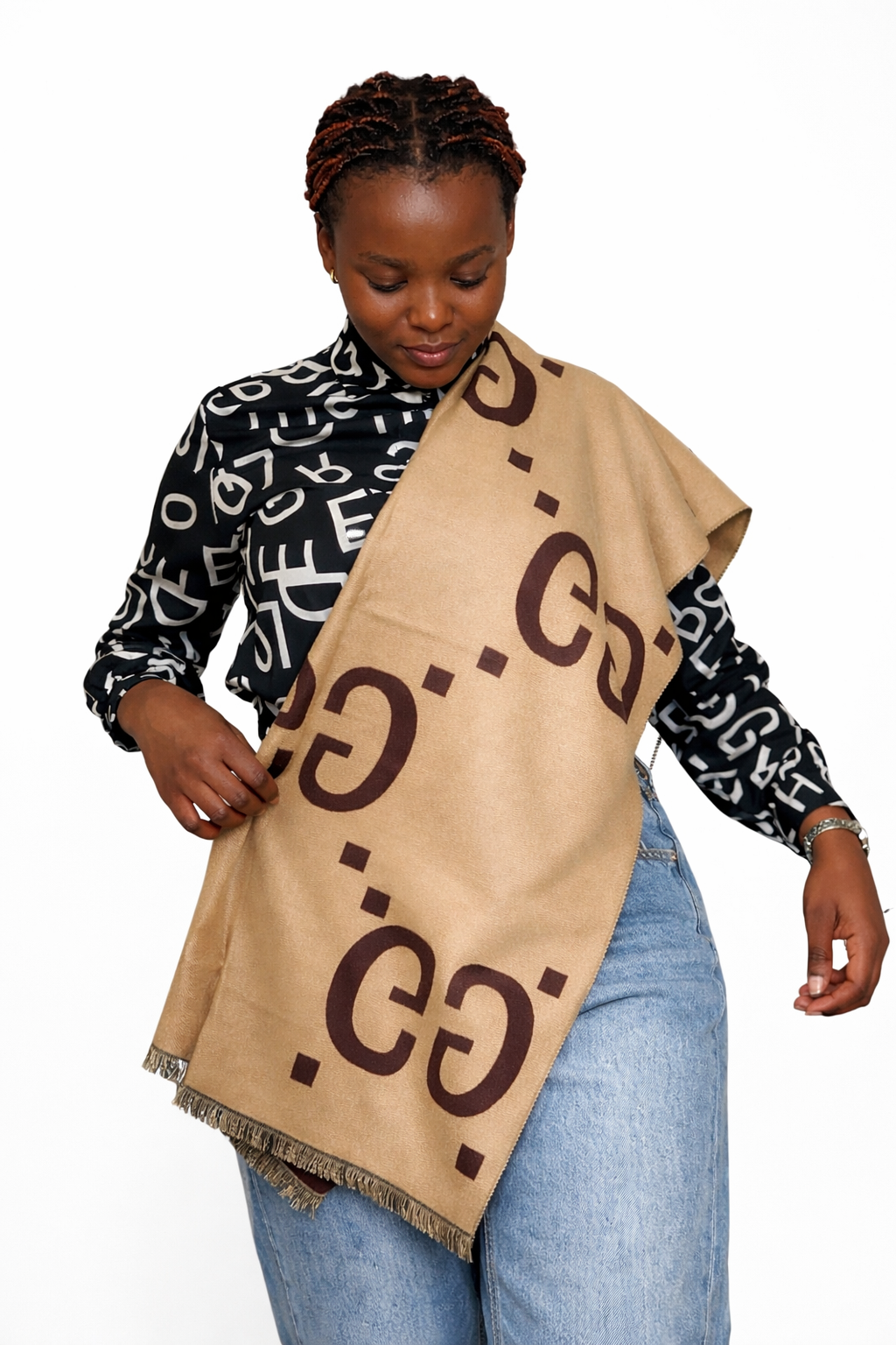 GG DOUBLE SIDED SCARF - DARK BROWN