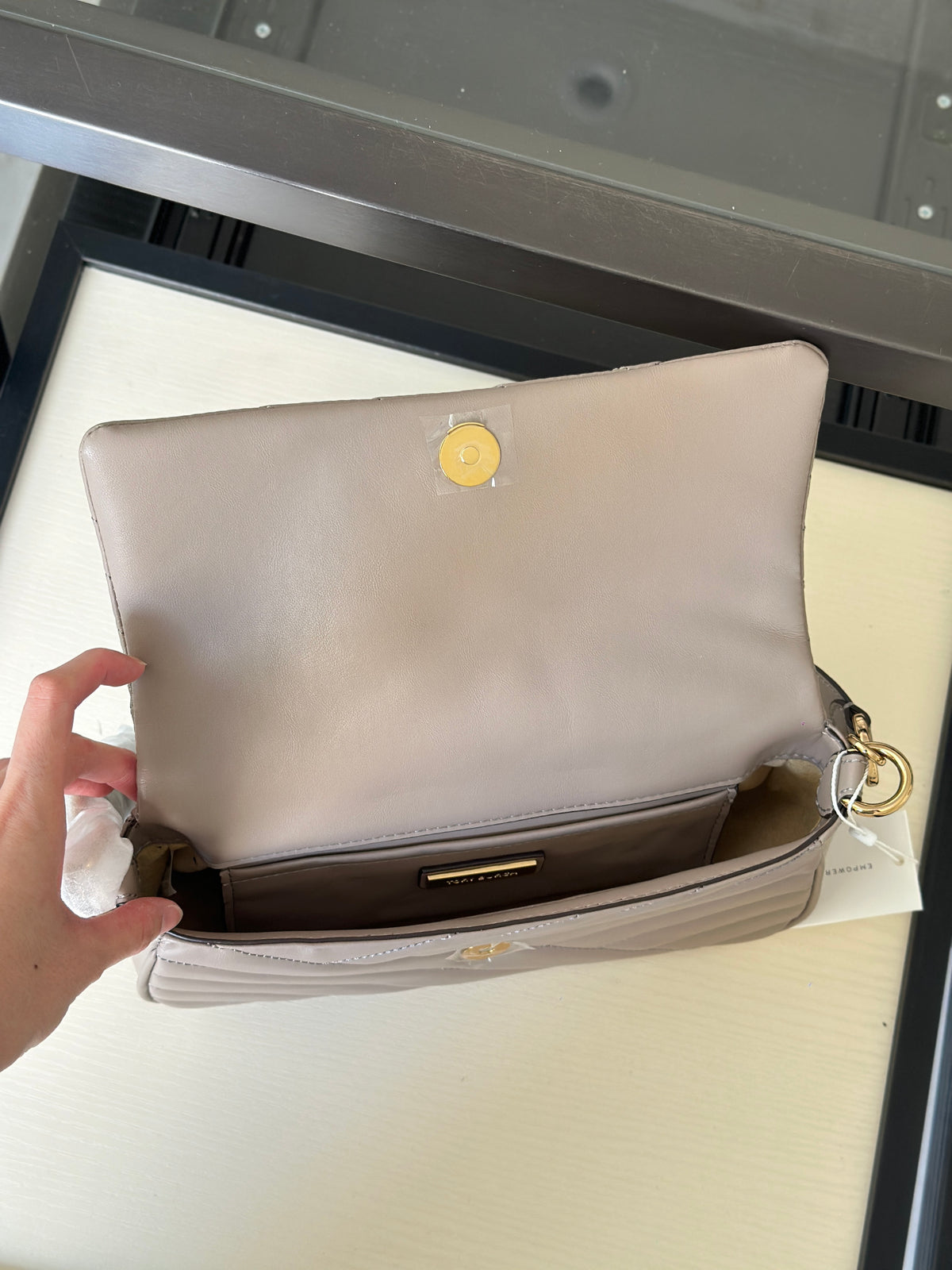 THE KIRA CHEVRON SMALL FLAP SHOULDER BAG - STONE