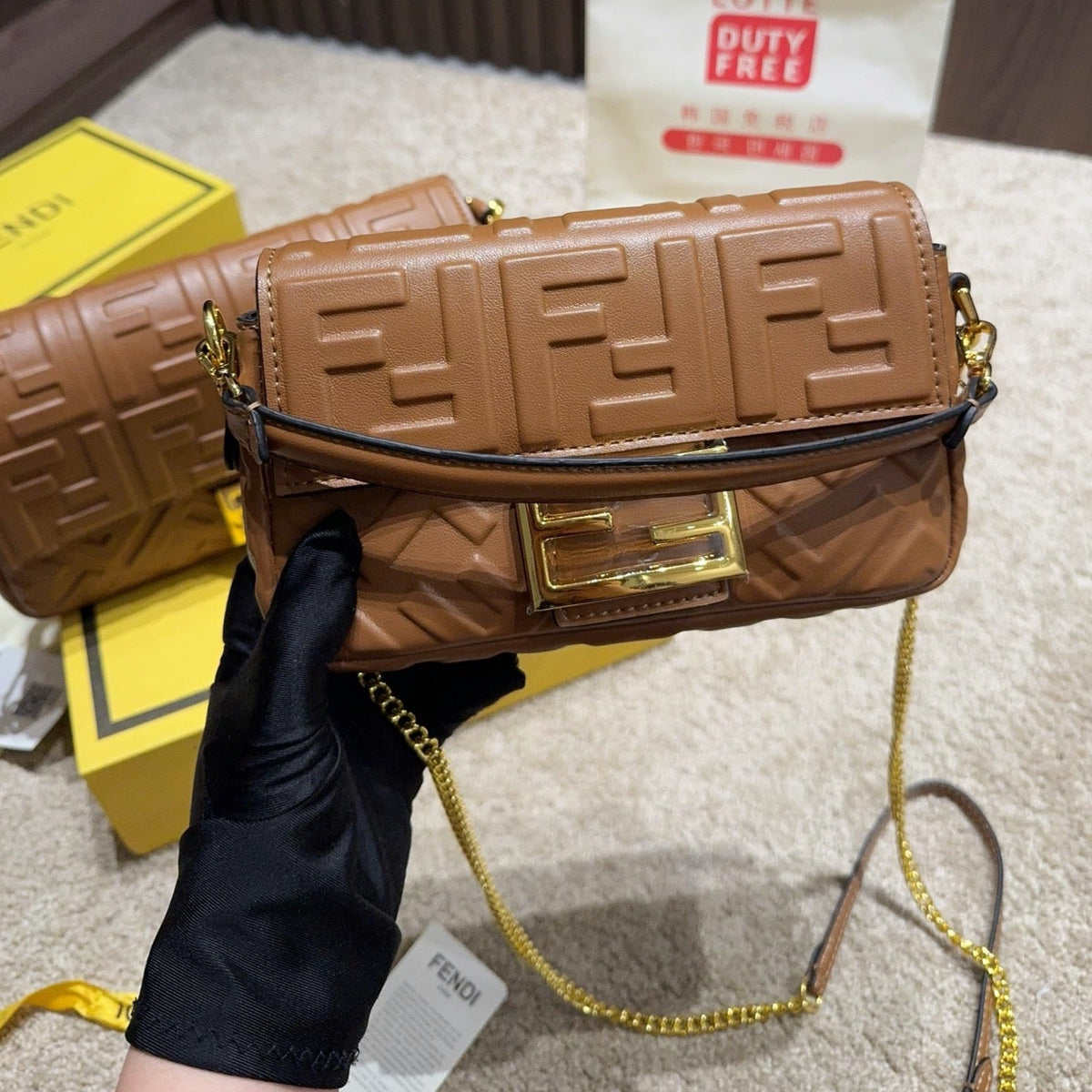 MINI EMBOSSED BAGUETTE BAG – BROWN