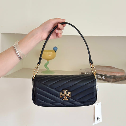 THE KIRA CHEVRON SMALL FLAP SHOULDER BAG - BLACK