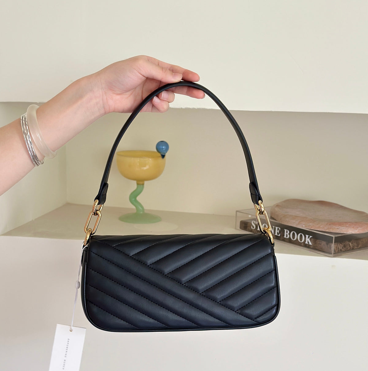 THE KIRA CHEVRON SMALL FLAP SHOULDER BAG - BLACK