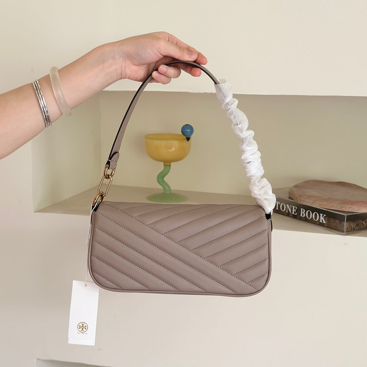 THE KIRA CHEVRON SMALL FLAP SHOULDER BAG - STONE