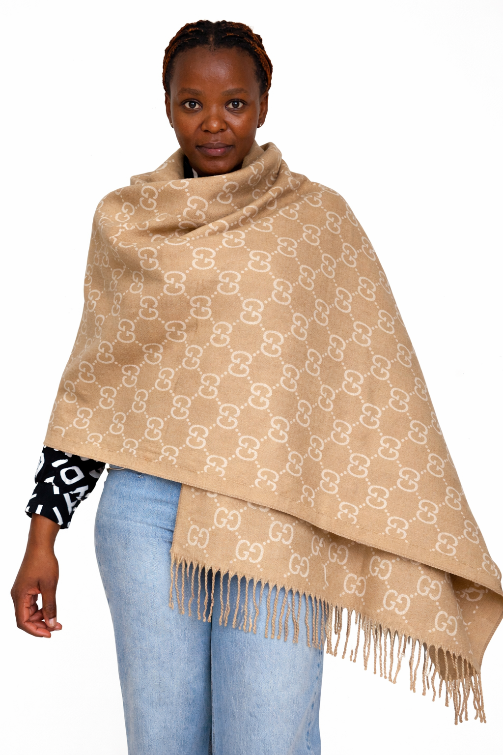 GG DOUBLE SIDED SCARF - LIGHT BROWN