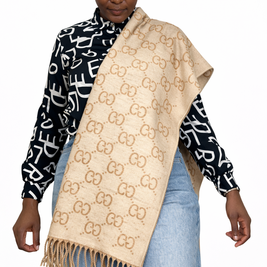 GG DOUBLE SIDED SCARF - LIGHT BROWN