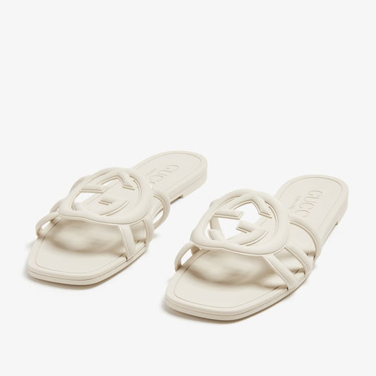 INTERLOCKING G RUBBER SLIDE SANDALS - CREAM WHITE