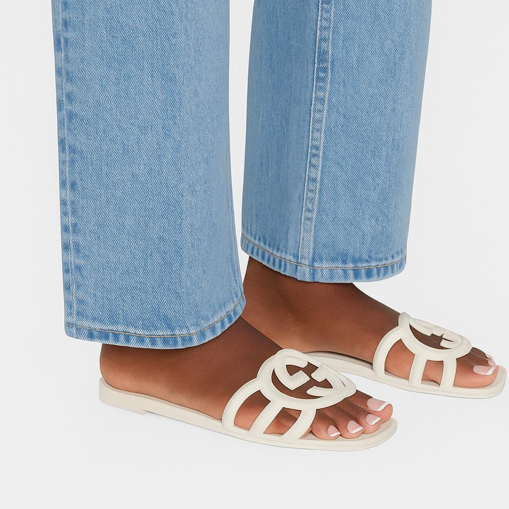 INTERLOCKING G RUBBER SLIDE SANDALS - CREAM WHITE